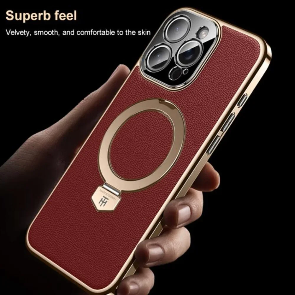 For iPhone 16 Pro Max Plain Leather MagSafe Holder Phone Case(Red)